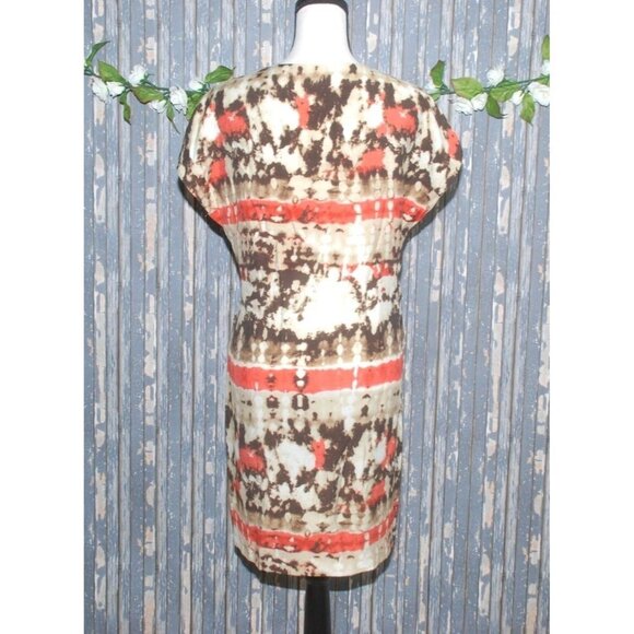Vince Camuto Brown Orange Dress Size 6 Elastic Waist Pockets V-Neck Cap Sleeves - Picture 5 of 7